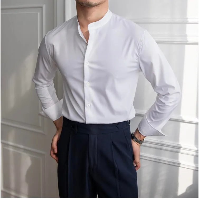 Ảnh Áo sơ mi nam đen trắng cổ trụ tàu vải lụa kate Hàn mềm mịn thương hiệu thời trang BAETON -S05 3