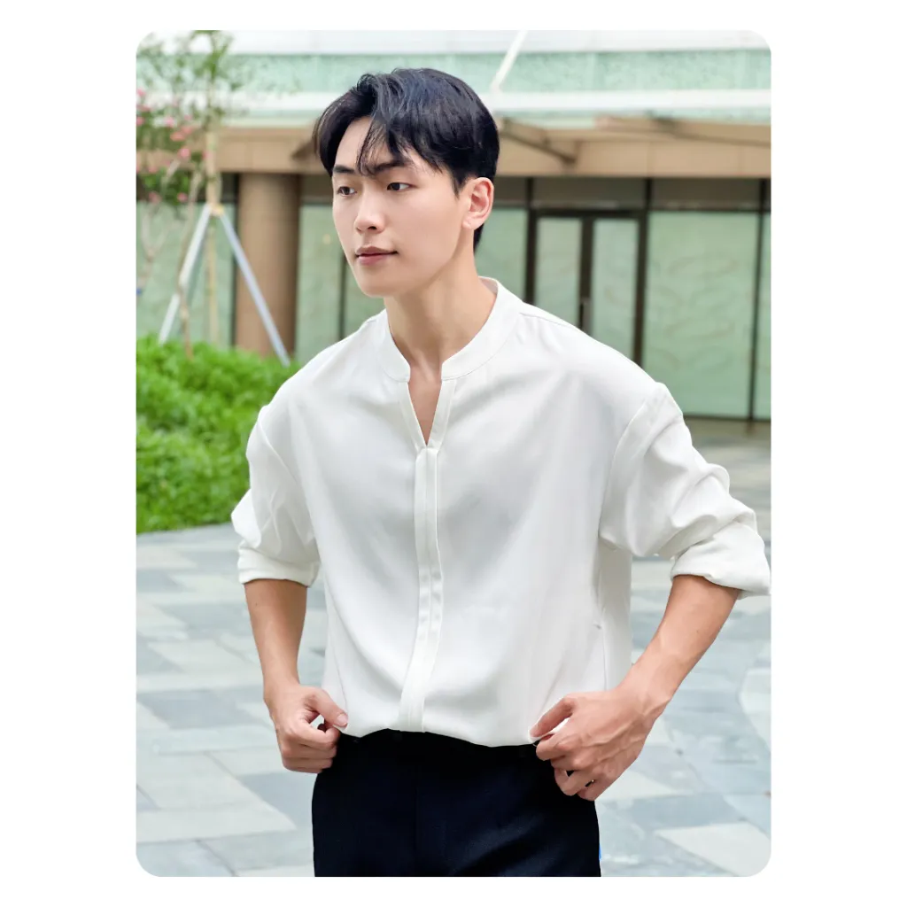 Ảnh Áo Sơ Mi Nam Form Rộng Dài Tay Cổ Trụ Hàn Quốc Mando Chất Vải Chéo Hàn Chống Nhăn Thoáng Mát - SHT015 2