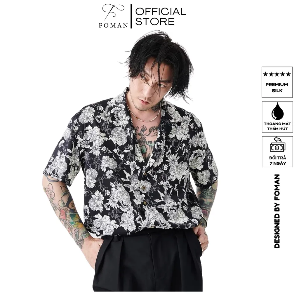 Ảnh Áo sơ mi nam hoạ tiết Hoa Mẫu Đơn Peony FOMAN tay ngắn vải lụa, thoáng khí, không nhăn, thấm hút (FM26) 1