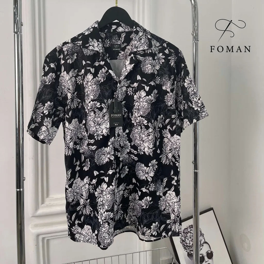 Ảnh Áo sơ mi nam hoạ tiết Hoa Mẫu Đơn Peony FOMAN tay ngắn vải lụa, thoáng khí, không nhăn, thấm hút (FM26) 2