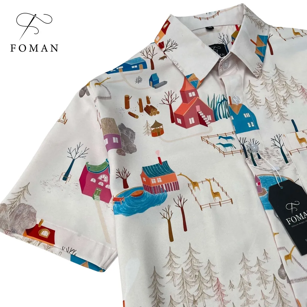 Ảnh Áo Sơ mi Nam Hoạ tiết Nông Trại Happy Farm FOMAN tay ngắn vải Lụa, thấm hút, thoáng khí, chống nhăn, chống nhàu (FM47) 3