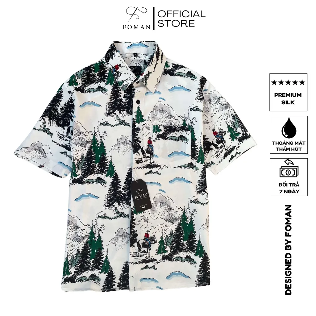 Ảnh Áo Sơ mi Nam hoạ tiết Núi Tuyết Snow Moutain FOMAN tay ngắn vải Lụa, thoáng khí, thấm hút, chống nhăn, chống nhàu (FM38) 1