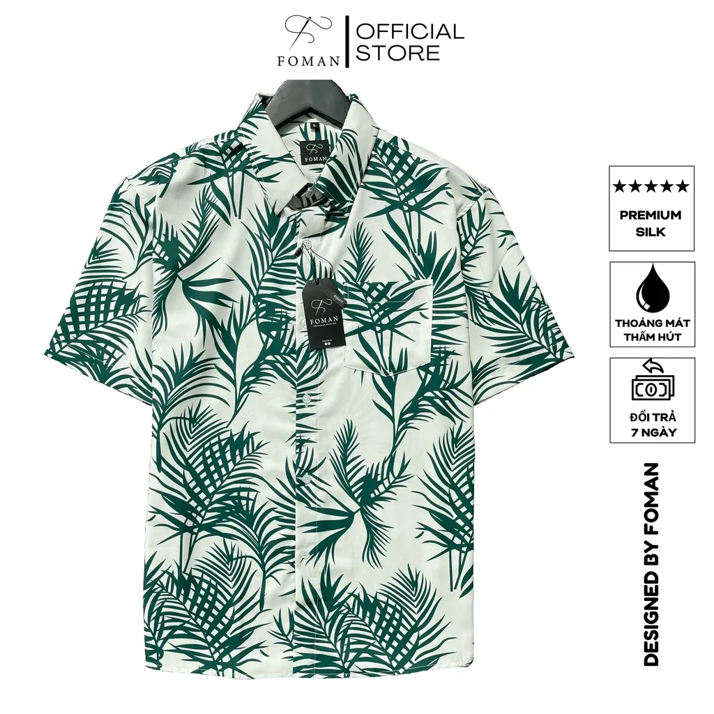 Ảnh Áo sơ mi nam hoạ tiết Palm Leaves FOMAN tay ngắn vải lụa thấm hút, thoáng khí, không nhăn (FM28) 1