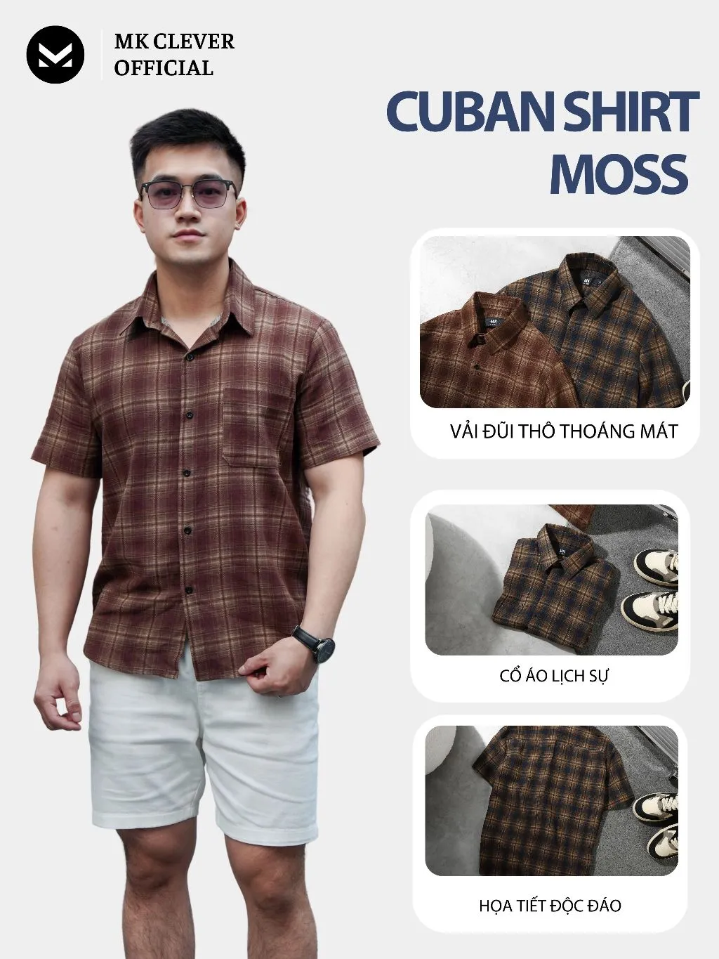 Ảnh Áo Sơ Mi nam kẻ Moss MKCLEVER Chất đũi Hàn mềm mịn, thoáng mát, chống nhăn, form rộng mặc hằng ngày 3