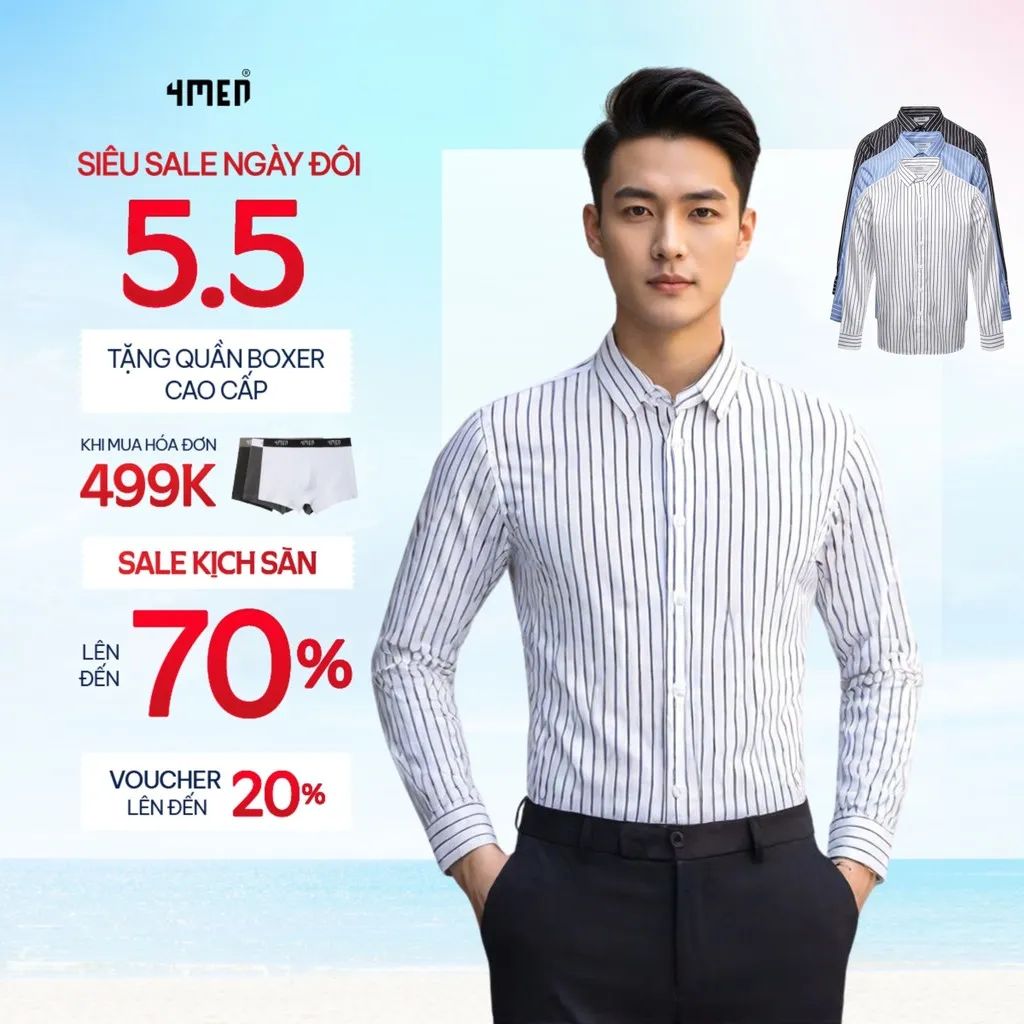 Ảnh Áo sơ mi nam kẻ sọc 4MEN SM172 tay dài, form slimfit ôm body đẹp trẻ trung, vải lụa chéo mềm mịn hạn chế nhăn giá rẻ 1