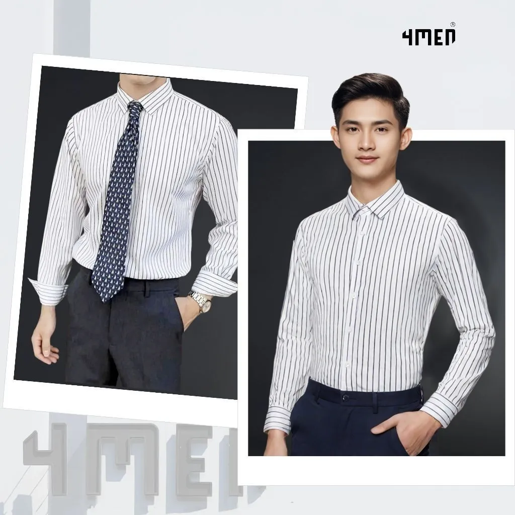 Ảnh Áo sơ mi nam kẻ sọc 4MEN SM172 tay dài, form slimfit ôm body đẹp trẻ trung, vải lụa chéo mềm mịn hạn chế nhăn giá rẻ 2
