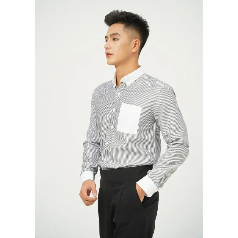 Ảnh Áo sơ mi nam kẻ sọc Baeton phối tay Line K Hàn Quốc cao cấp lụa hàn lịch lãm- S02 4