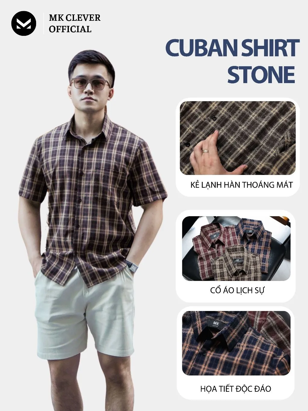 Ảnh Áo Sơ Mi nam kẻ Stone MKCLEVER Chất kẻ lạnh Hàn mềm mịn, thoáng mát, chống nhăn, form rộng mặc hằng ngày 2