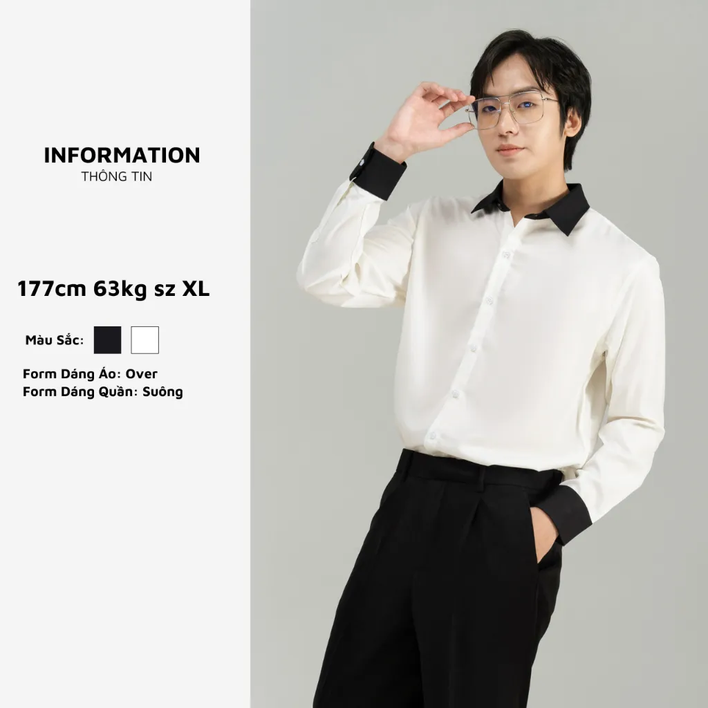 Ảnh Áo sơ mi nam Korea Shirt BAETON form rộng, phối đen trắng cổ và tay trẻ trung - S04 1