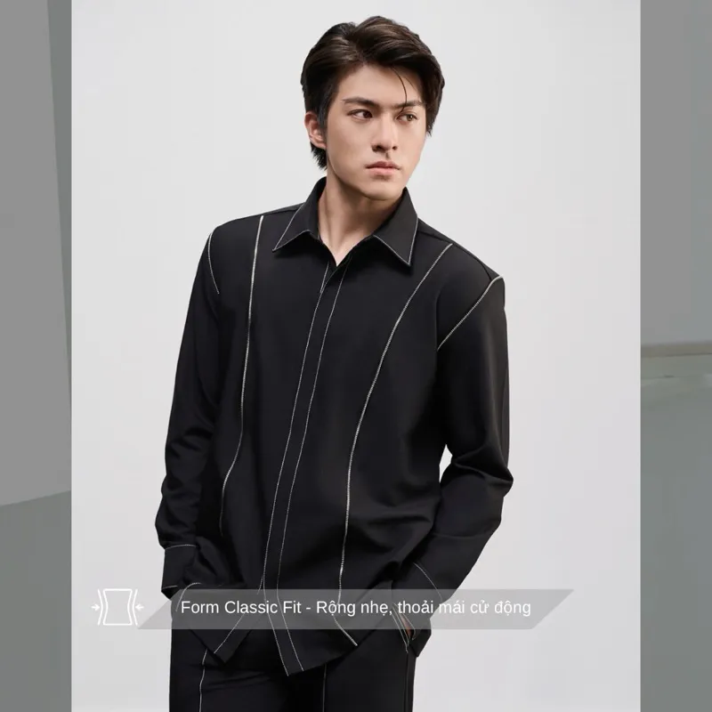 Ảnh Áo sơ mi nam màu đen viền chỉ trắng SIMTU chất liệu cotton lạnh cao cấp, viền dây kéo thời trang | SM006 1