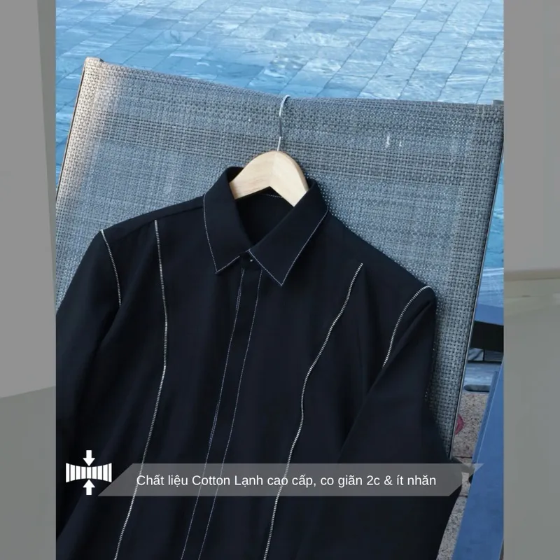 Ảnh Áo sơ mi nam màu đen viền chỉ trắng SIMTU chất liệu cotton lạnh cao cấp, viền dây kéo thời trang | SM006 2