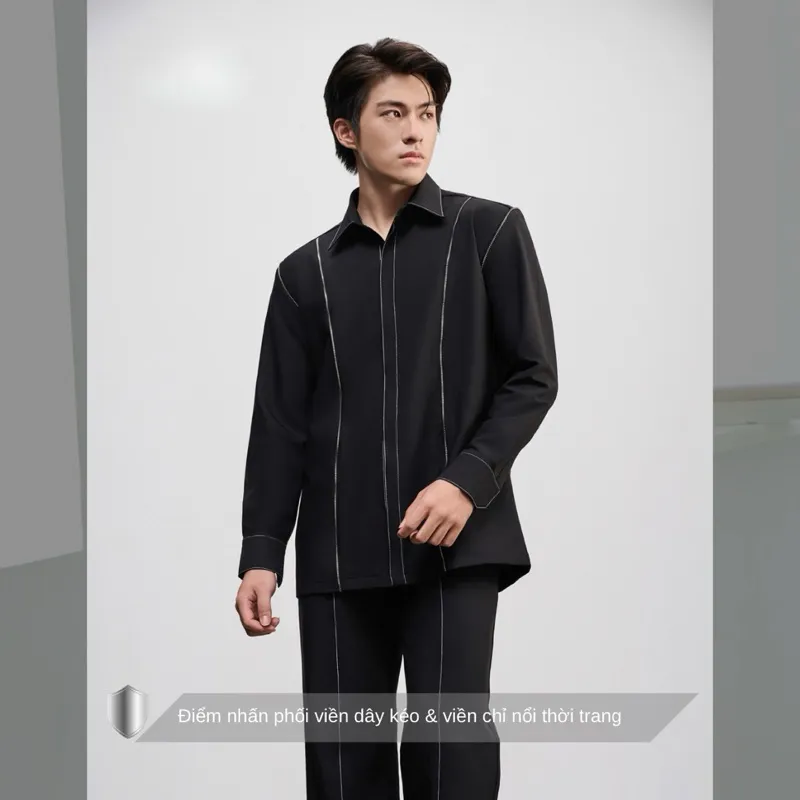 Ảnh Áo sơ mi nam màu đen viền chỉ trắng SIMTU chất liệu cotton lạnh cao cấp, viền dây kéo thời trang | SM006 3