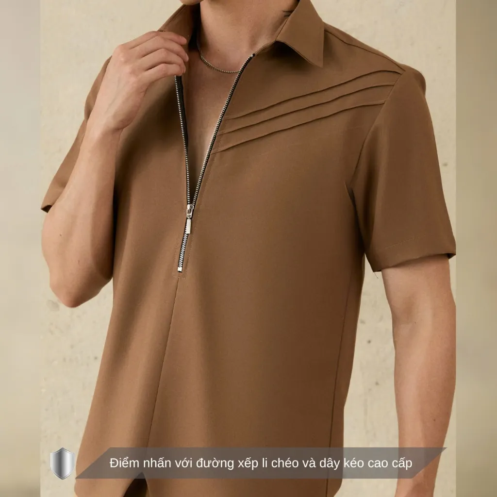 Ảnh Áo sơ mi nam màu nâu tay ngắn SIMTU, điểm nhấn xếp li và dây khoá kéo, vải cotton thoáng mát & co giãn | SM049-50 2