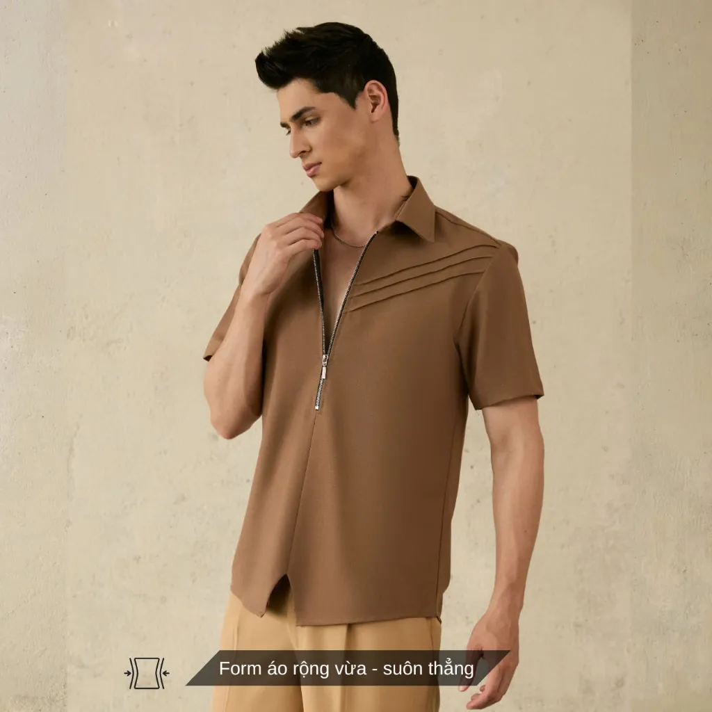 Ảnh Áo sơ mi nam màu nâu tay ngắn SIMTU, điểm nhấn xếp li và dây khoá kéo, vải cotton thoáng mát & co giãn | SM049-50 3