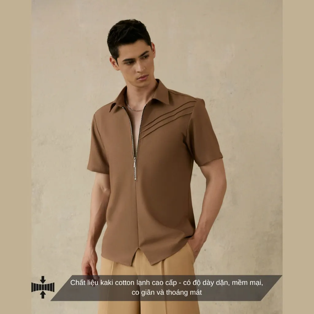 Ảnh Áo sơ mi nam màu nâu tay ngắn SIMTU, điểm nhấn xếp li và dây khoá kéo, vải cotton thoáng mát & co giãn | SM049-50 4
