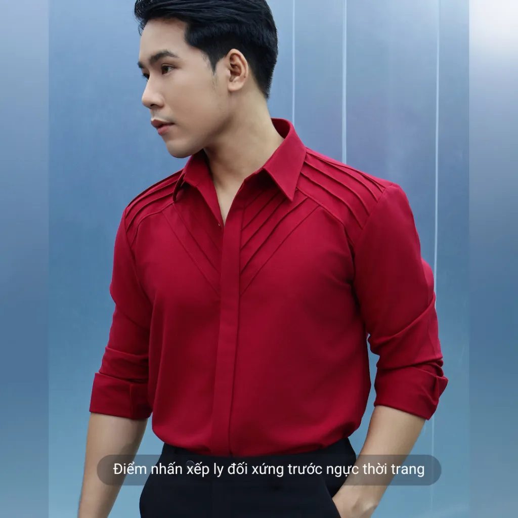Ảnh Áo sơ mi nam màu đỏ đô tay dài SIMTU chất liệu cotton mềm mịn, điểm nhấn xếp li thời trang |SM046 3