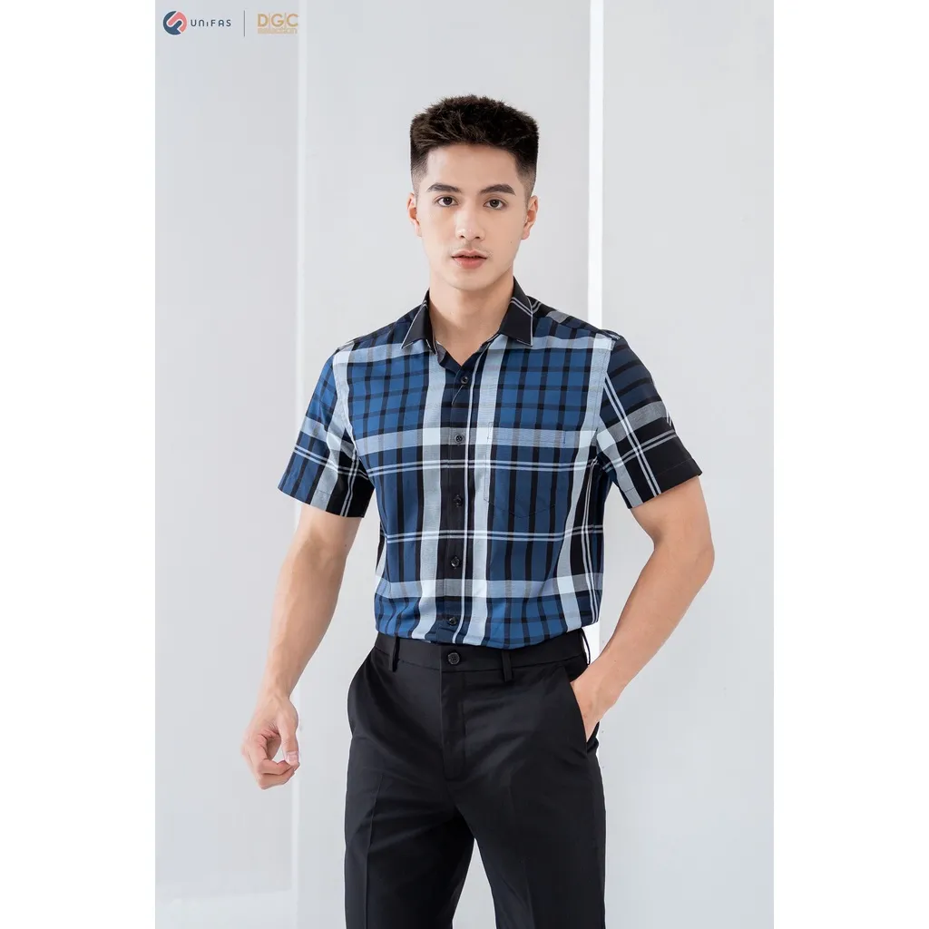 Ảnh Áo sơ mi nam ngắn tay DGCs in họa tiết kẻ caro phong cách thanh lịch và hiện đại, chất vải cao cấp thoáng mát -SASNBC21M 2