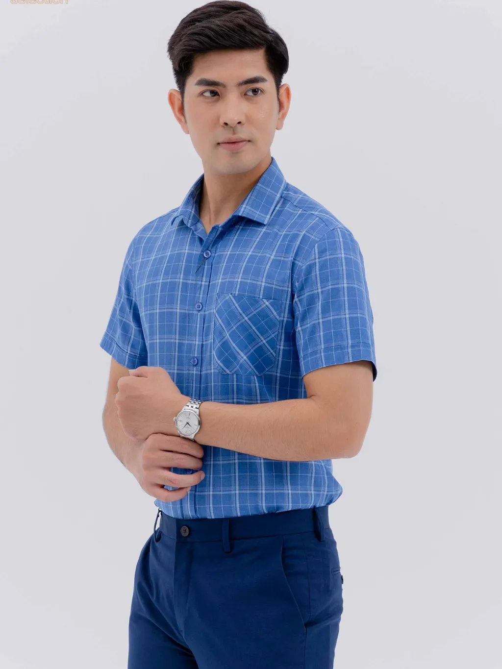 Ảnh Áo sơ mi nam ngắn tay DGCs,hoạ tiết kẻ caro xanh - SASNBC54M. 1