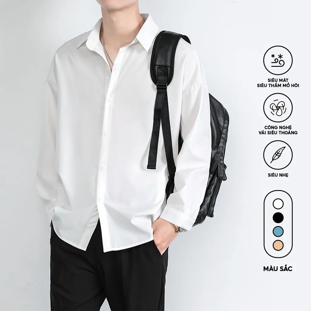 Ảnh Áo sơ mi nam nữ dài tay Unisex Basic màu trắng và đen sơ mi lụa mịn mát form rộng suông ELNIDO-ED03 2
