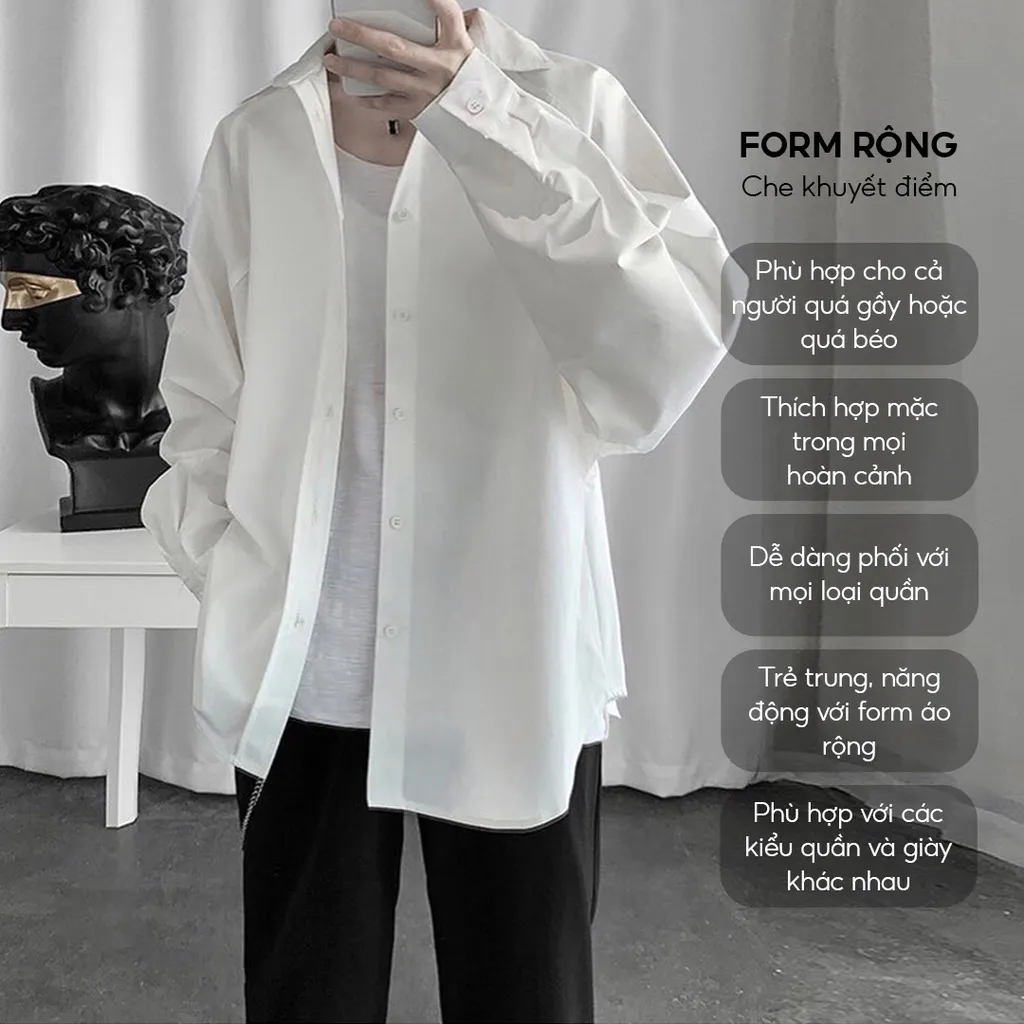 Ảnh Áo sơ mi nam nữ dài tay Unisex Basic màu trắng và đen sơ mi lụa mịn mát form rộng suông ELNIDO-ED03 3