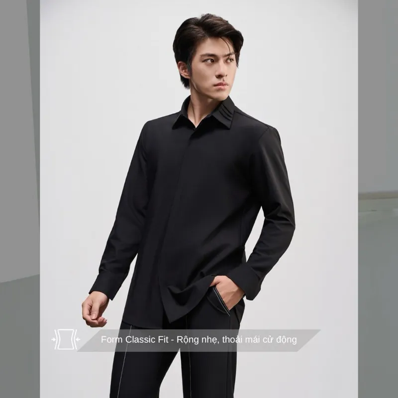 Ảnh Áo sơ mi nam SIMTU cao cấp màu đen cơ bản - điểm nhấn lá cổ xếp ly, đô lưng sau bắt chéo thời trang | SM001 2