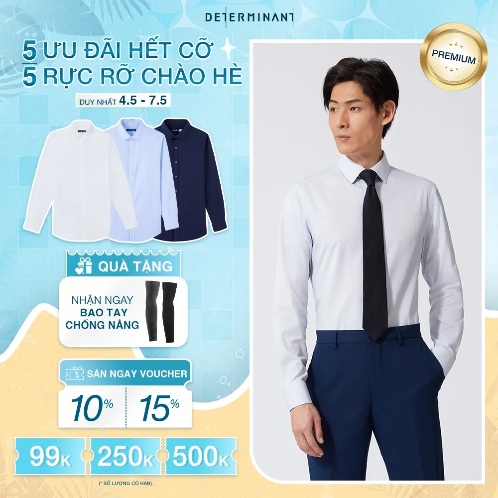 Ảnh Áo sơ mi nam tay dài DETERMINANT 100% Cotton siêu dài chống nhăn kháng khuẩn - 301 - màu trắng sọc navy 1