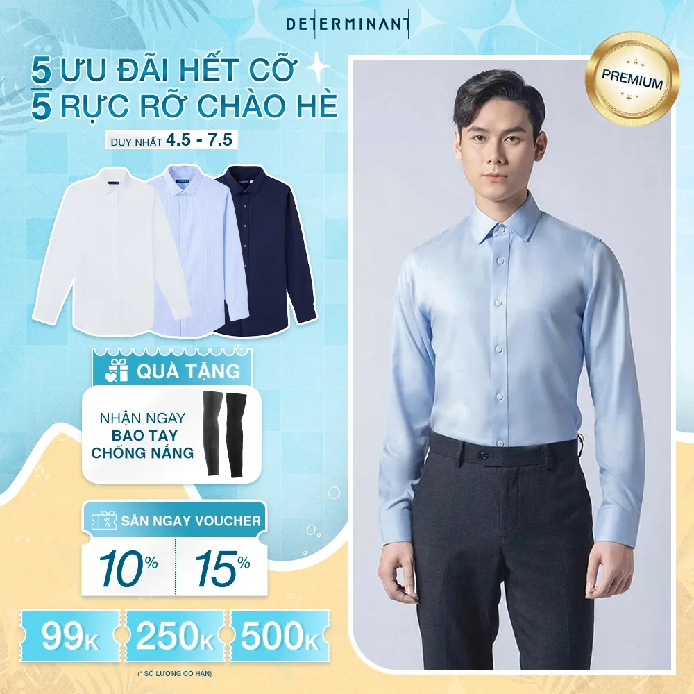 Ảnh Áo sơ mi nam tay dài DETERMINANT 100% Cotton siêu dài chống nhăn kháng khuẩn - 301-WHITE-LIGHT BLUE 1
