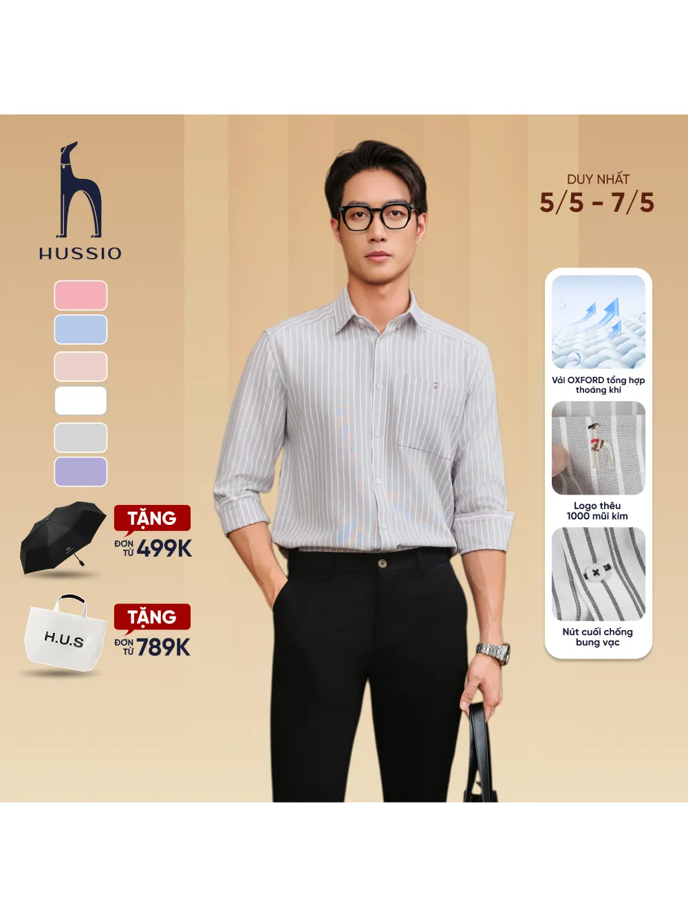 Ảnh Áo sơ mi nam tay dài ANCHOR STRIPES thêu logo, vải Oxford cao cấp, thoáng mát, đứng form - HUSSIO 1