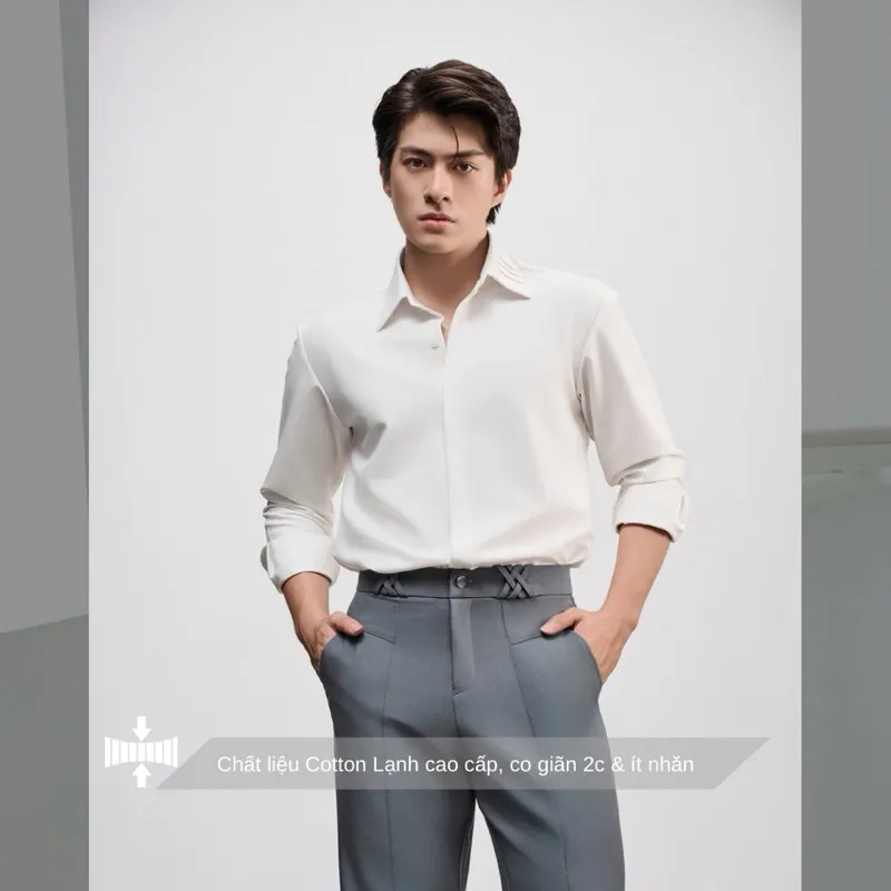 Ảnh Áo sơ mi nam tay dài cao cấp SIMTU màu trắng cơ bản chất liệu cotton lạnh - điểm nhấn lá cổ xếp ly  | SM002 3