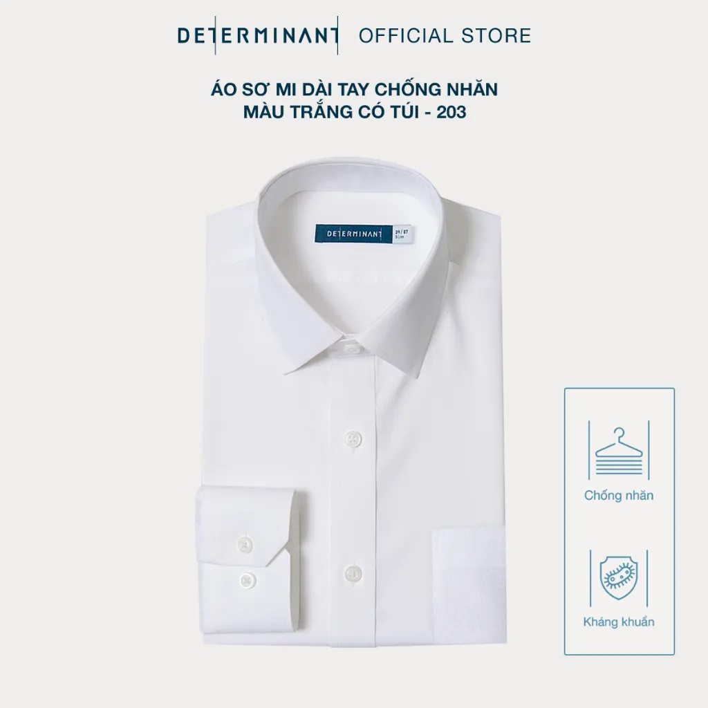 Ảnh Áo sơ mi nam tay dài có túi DETERMINANT 100% Cotton siêu dài - chông nhăn kháng khuẩn - 203 - màu trắng 3