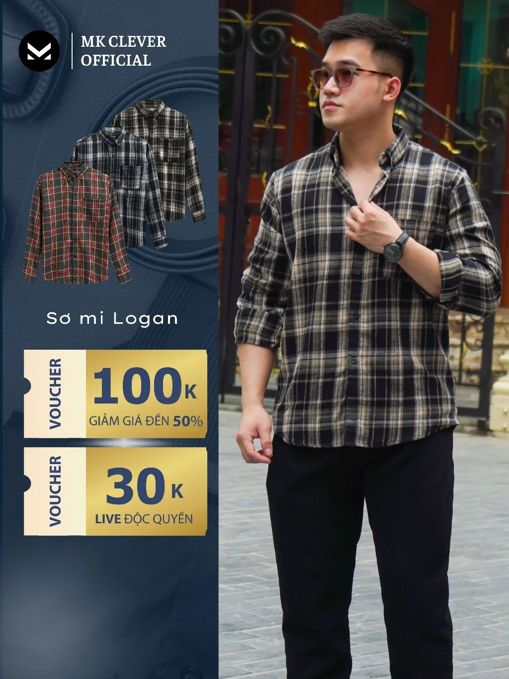Ảnh Áo Sơ Mi Nam Tay Dài Flannel Logan MKCLEVER Chất liệu vải thô mặt dạ, mặc basic, dáng slim trẻ trung, mềm mịn 1