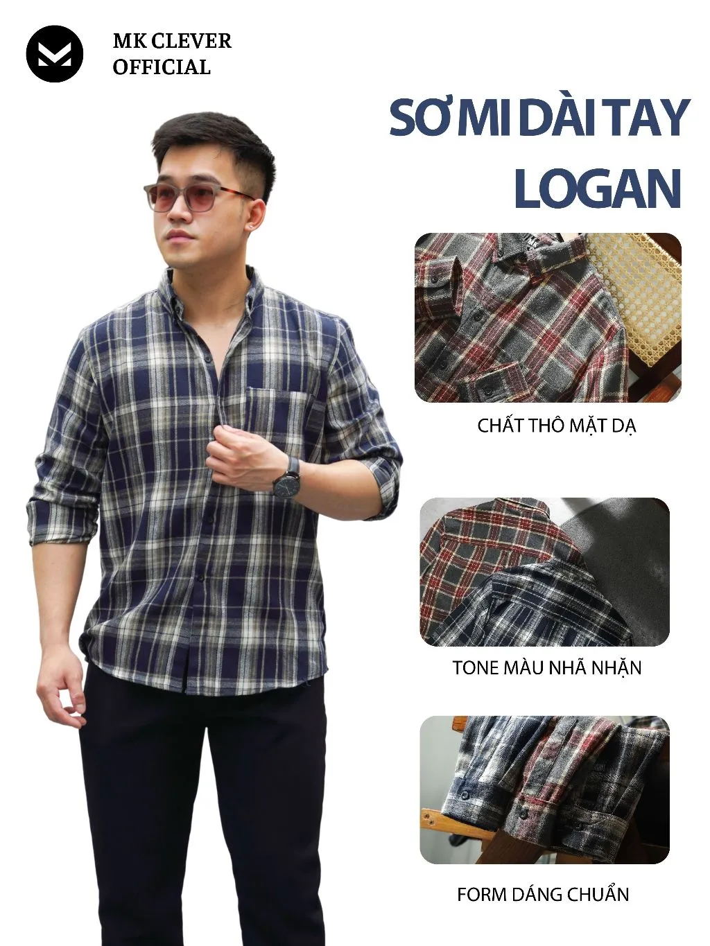 Ảnh Áo Sơ Mi Nam Tay Dài Flannel Logan MKCLEVER Chất liệu vải thô mặt dạ, mặc basic, dáng slim trẻ trung, mềm mịn 3