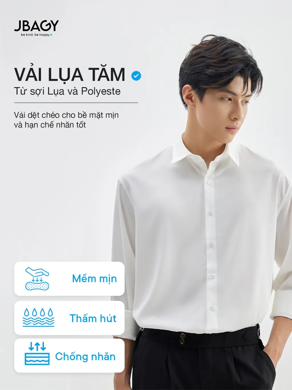 Ảnh Áo sơ mi nam tay dài JBAGY Pastel sơ mi trắng form rộng, vải lụa tăm cao cấp phong cách Hàn Quốc 2