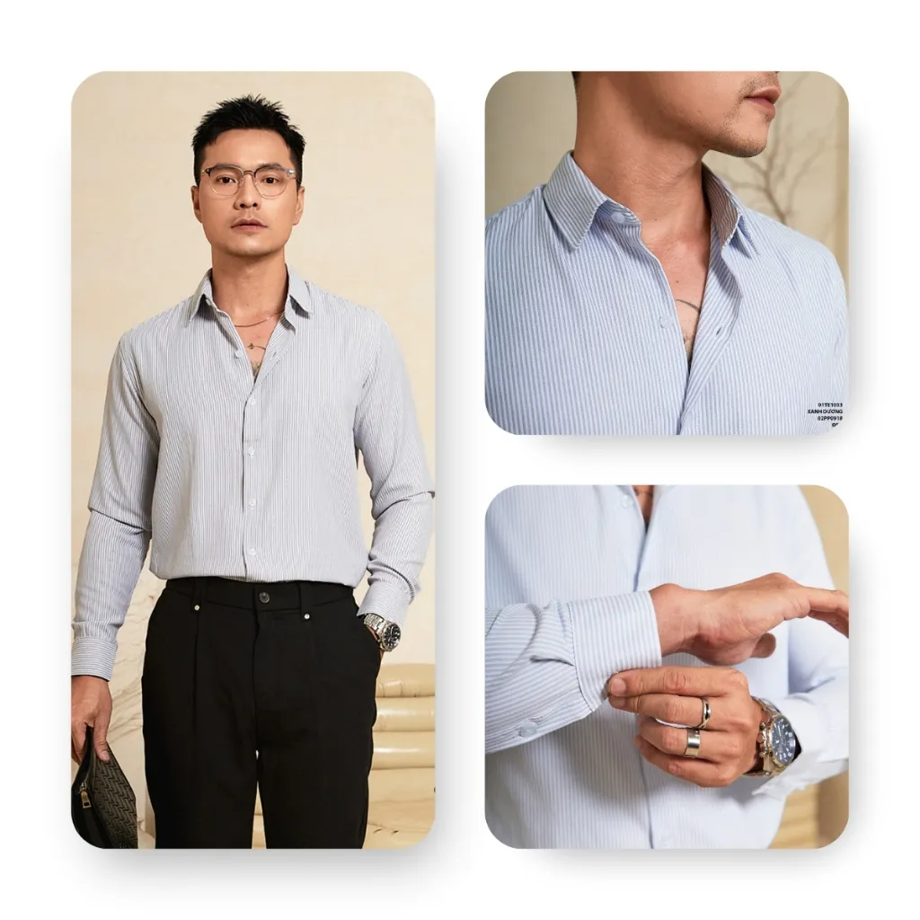 Ảnh Áo sơ mi nam tay dài kẻ sọc dọc cổ tròn AKUBA, sơ mi oxford và nhung form regular thoải mái, thoáng mát | 01TE1033 2