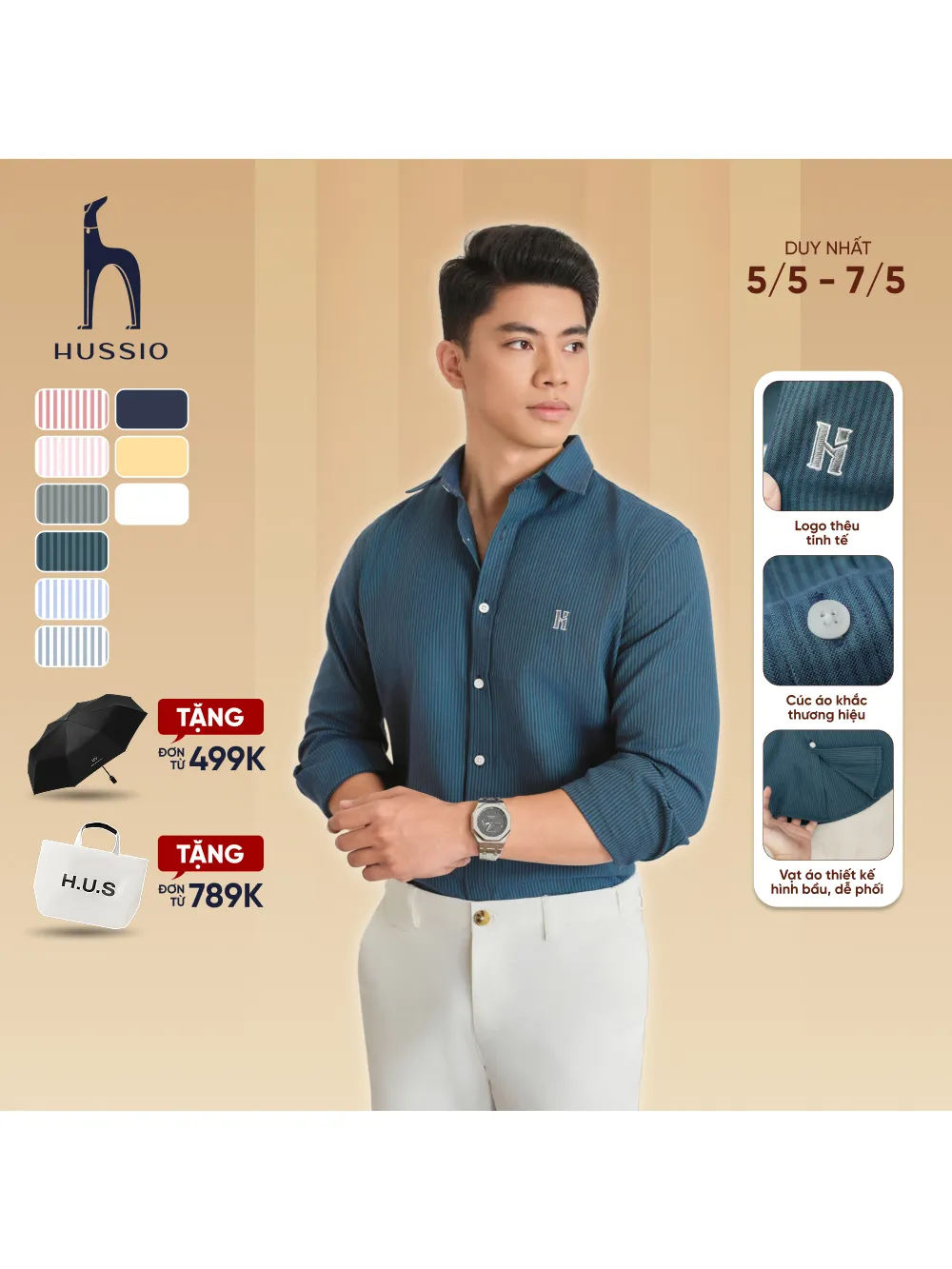 Ảnh Áo sơ mi nam tay dài LOGO H SEASON 2 vải Oxford cao cấp, thoáng mát, thanh lịch - HUSSIO 1