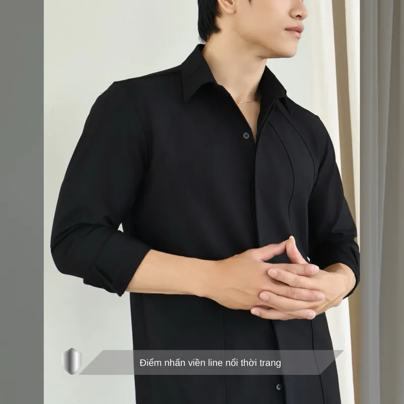 Ảnh Áo sơ mi nam tay dài màu đen SIMTU điểm nhấn viền line nổi, chất liệu cotton lạnh cao cấp thoáng mịn | SM038 3