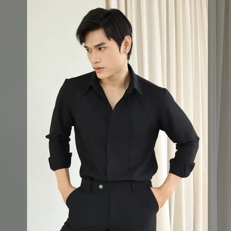 Ảnh Áo sơ mi nam tay dài màu đen SIMTU điểm nhấn viền line nổi, chất liệu cotton lạnh cao cấp thoáng mịn | SM038 4