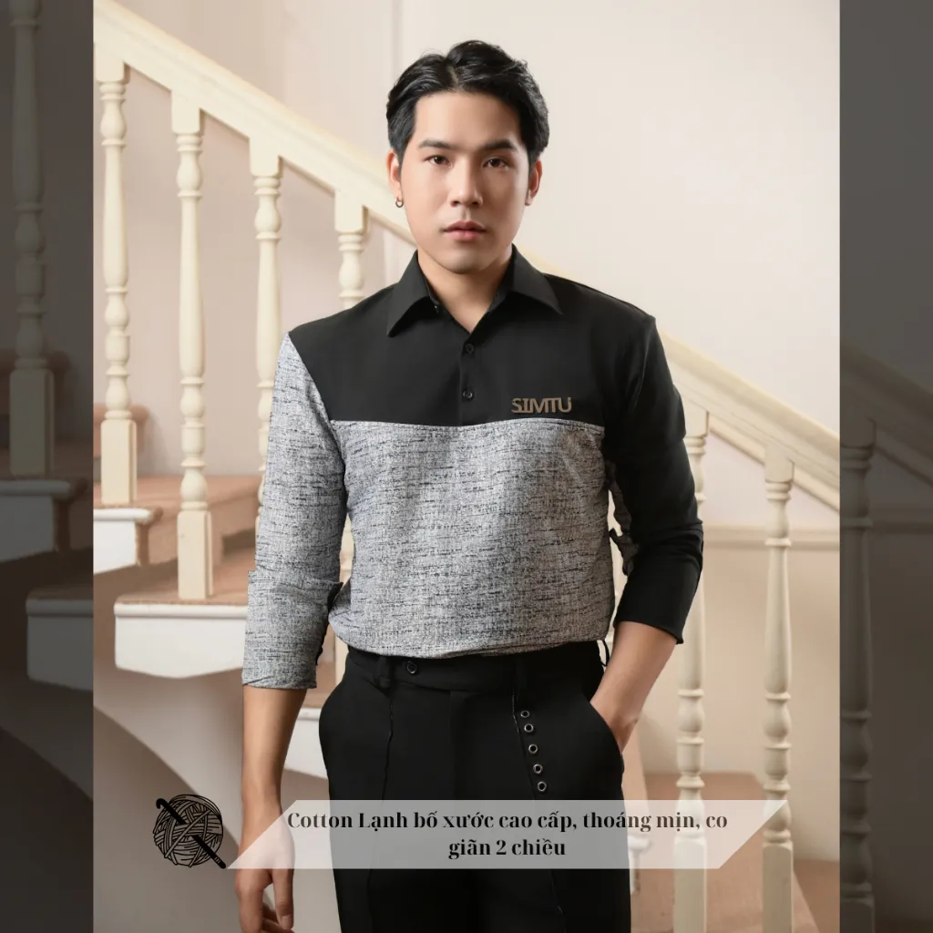 Ảnh Áo sơ mi nam tay dài màu đen phối xám SIMTU điểm nhấn phối vải đính logo kim loại sáng bóng | SM025 1