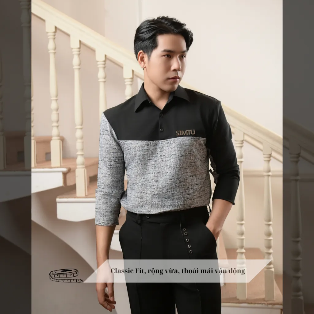 Ảnh Áo sơ mi nam tay dài màu đen phối xám SIMTU điểm nhấn phối vải đính logo kim loại sáng bóng | SM025 3