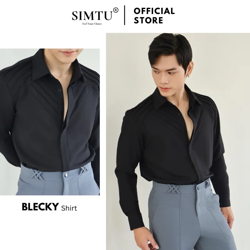 Ảnh Áo sơ mi nam tay dài màu đen cao cấp SIMTU, ngực áo xếp ly đối xứng, chất liệu cotton lạnh ít nhăn | SM036 1
