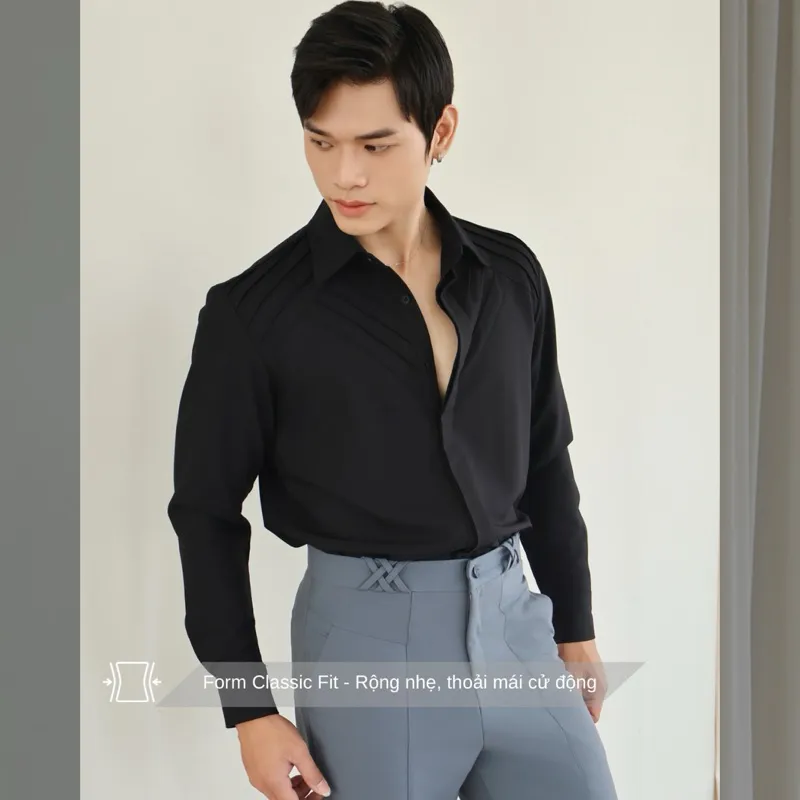 Ảnh Áo sơ mi nam tay dài màu đen cao cấp SIMTU, ngực áo xếp ly đối xứng, chất liệu cotton lạnh ít nhăn | SM036 2