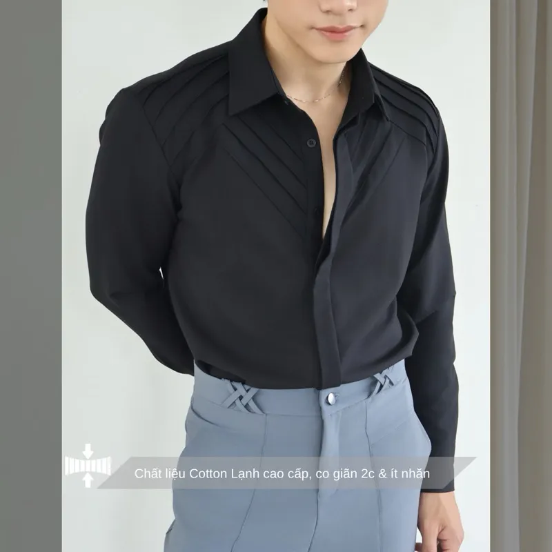 Ảnh Áo sơ mi nam tay dài màu đen cao cấp SIMTU, ngực áo xếp ly đối xứng, chất liệu cotton lạnh ít nhăn | SM036 3