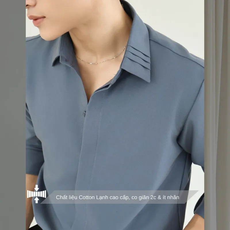 Ảnh Áo sơ mi nam tay dài màu ghi xám thiết kế lá cổ xếp li & đô sau bắt chéo SIMTU vải cotton lạnh cao cấp | SM033 3
