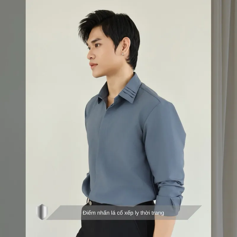 Ảnh Áo sơ mi nam tay dài màu ghi xám thiết kế lá cổ xếp li & đô sau bắt chéo SIMTU vải cotton lạnh cao cấp | SM033 4