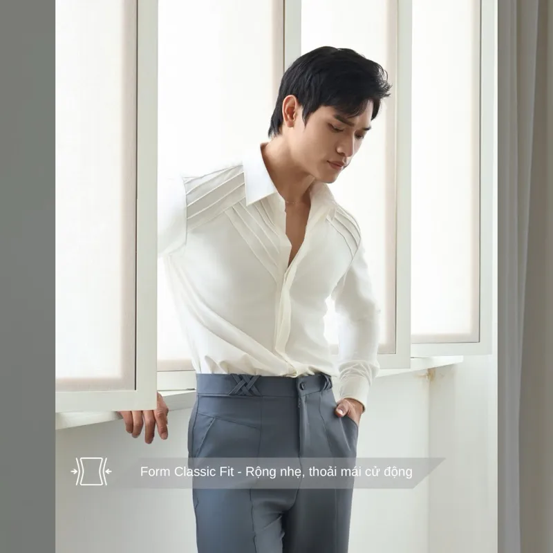Ảnh Áo sơ mi nam tay dài màu trắng kem basic SIMTU chất liệu cotton mềm mịn, điểm nhấn xếp li thời trang |SM035 2