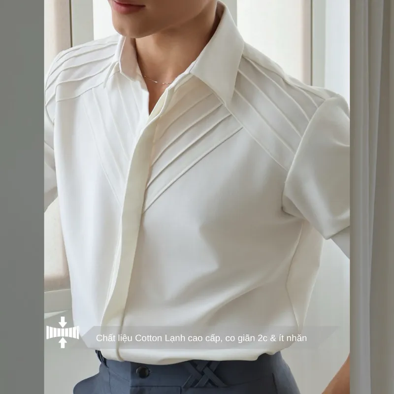 Ảnh Áo sơ mi nam tay dài màu trắng kem basic SIMTU chất liệu cotton mềm mịn, điểm nhấn xếp li thời trang |SM035 3