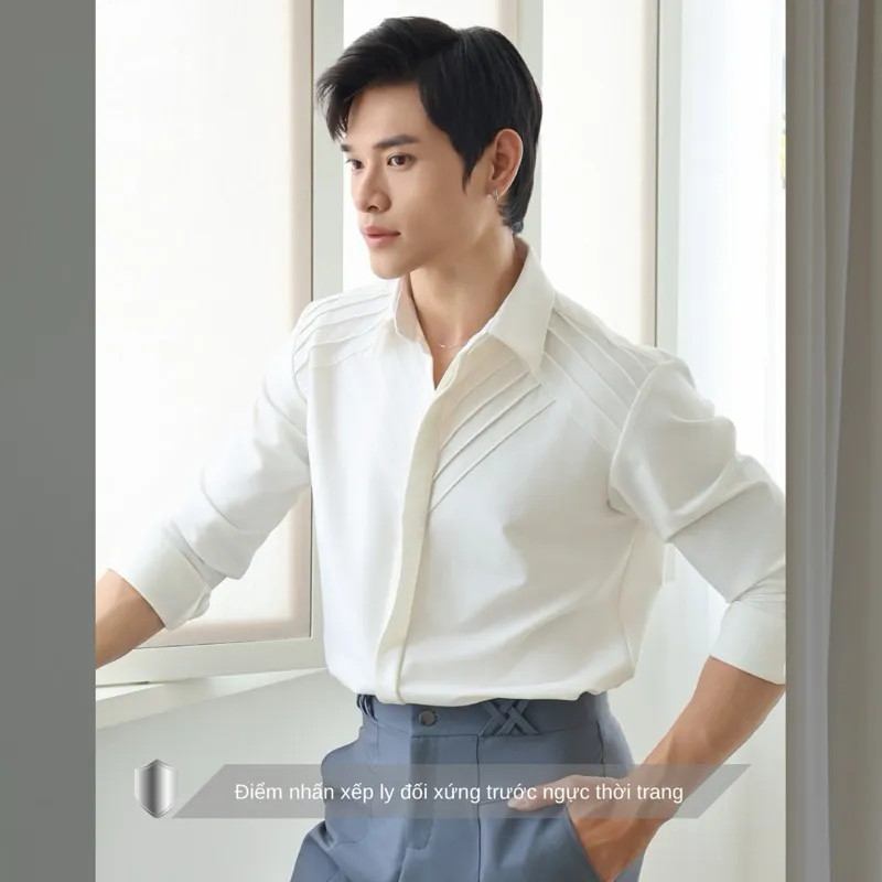 Ảnh Áo sơ mi nam tay dài màu trắng kem basic SIMTU chất liệu cotton mềm mịn, điểm nhấn xếp li thời trang |SM035 4