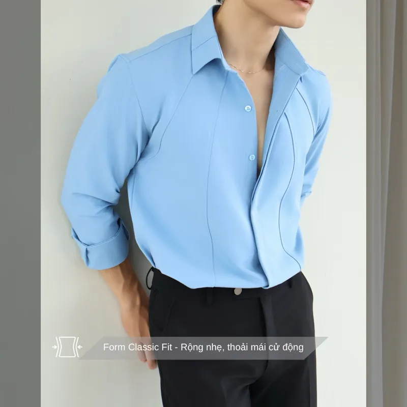 Ảnh Áo sơ mi nam tay dài màu xanh dương SIMTU viền line thời trang, chất liệu cotton lạnh cao cấp | SM037 1