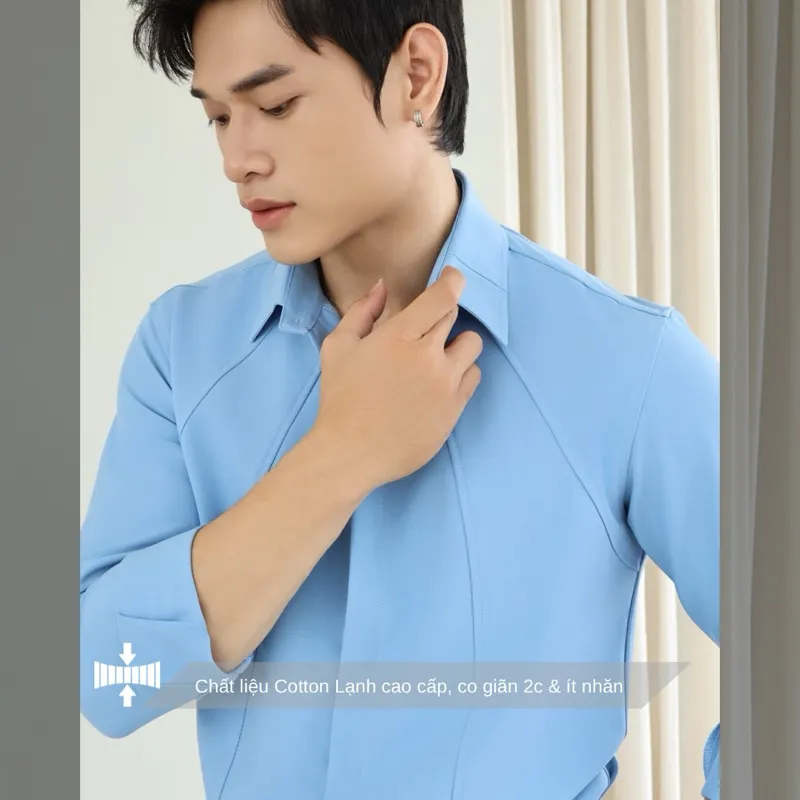 Ảnh Áo sơ mi nam tay dài màu xanh dương SIMTU viền line thời trang, chất liệu cotton lạnh cao cấp | SM037 2