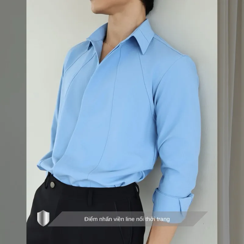 Ảnh Áo sơ mi nam tay dài màu xanh dương SIMTU viền line thời trang, chất liệu cotton lạnh cao cấp | SM037 3